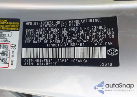 2007 Toyota Camry Le from USA, damaged, VIN 4T1BE46KX7U653461